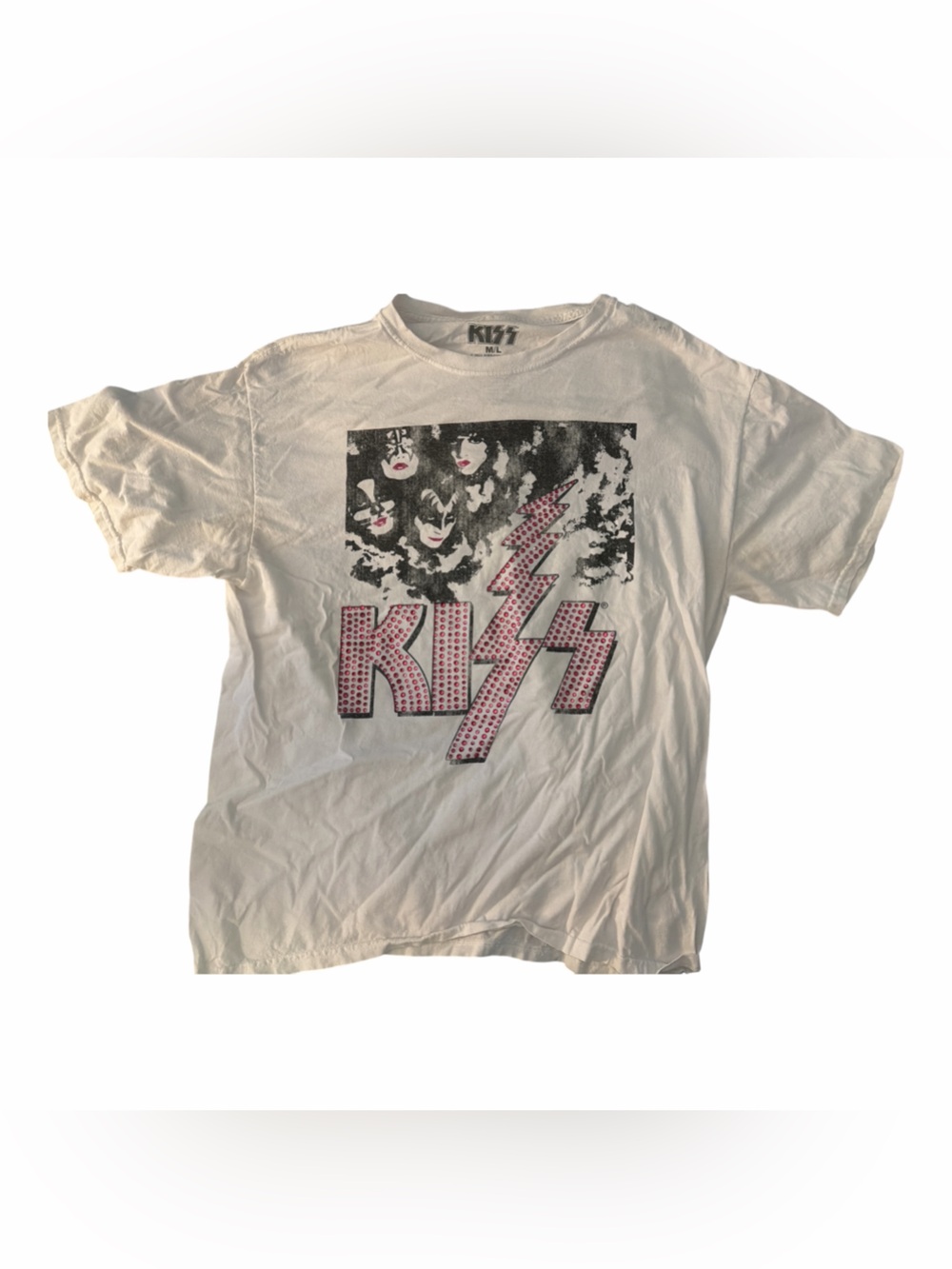 Kiss White Short Sleeve Tee Pink Rhinestone Logo Lightning Bolt